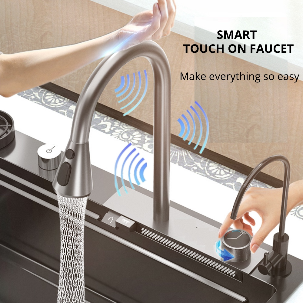 Smart Kitchen Sink & Smart Touch On Kitchen Faucet, waterfall multifunction, Anti-Scratch 304 Stainless Steel, 3 in 1 Accessories, 3 Modes Pull Down Sprayer, Smart Touch Sensor Activated, Auto ON/Off. (KSF-100)