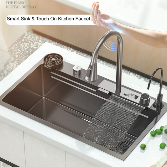 Smart Kitchen Sink & Smart Touch On Kitchen Faucet, waterfall multifunction, Anti-Scratch 304 Stainless Steel, 3 in 1 Accessories, 3 Modes Pull Down Sprayer, Smart Touch Sensor Activated, Auto ON/Off. (KSF-200)