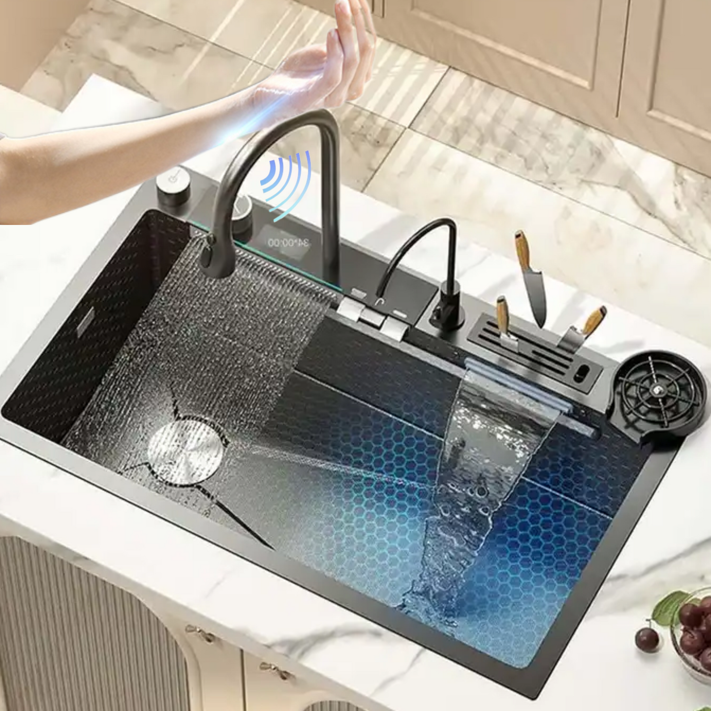 Smart Kitchen Sink & Smart Touch On Kitchen Faucet, waterfall multifunction, Anti-Scratch 304 Stainless Steel, 3 in 1 Accessories, 3 Modes Pull Down Sprayer, Smart Touch Sensor Activated, Auto ON/Off. (KSF-300)