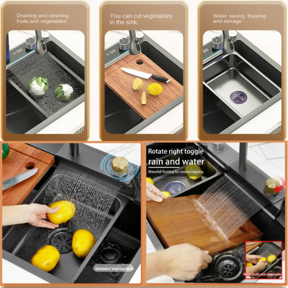 Smart Kitchen Sink & Smart Touch On Kitchen Faucet, waterfall multifunction, Anti-Scratch 304 Stainless Steel, 3 in 1 Accessories, 3 Modes Pull Down Sprayer, Smart Touch Sensor Activated, Auto ON/Off. (KSF-200)