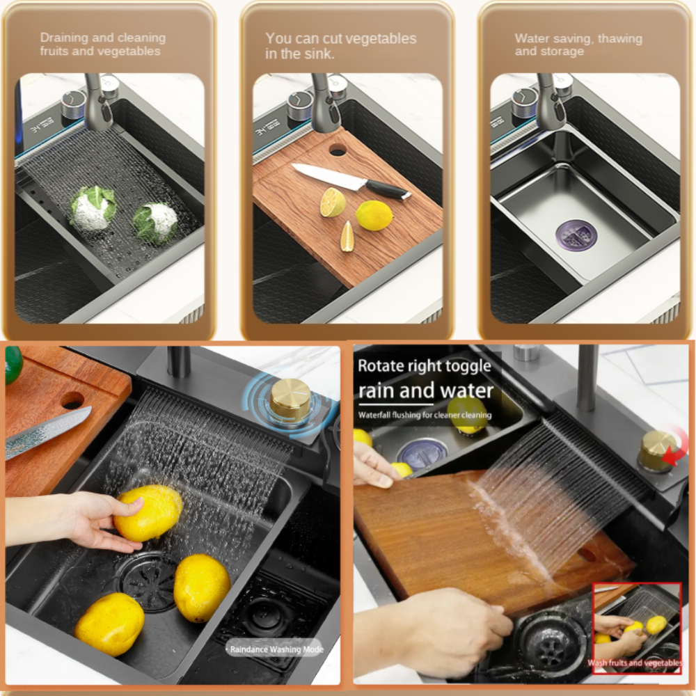 Smart Kitchen Sink & Smart Touch On Kitchen Faucet, waterfall multifunction, Anti-Scratch 304 Stainless Steel, 3 in 1 Accessories, 3 Modes Pull Down Sprayer, Smart Touch Sensor Activated, Auto ON/Off. (KSF-100)