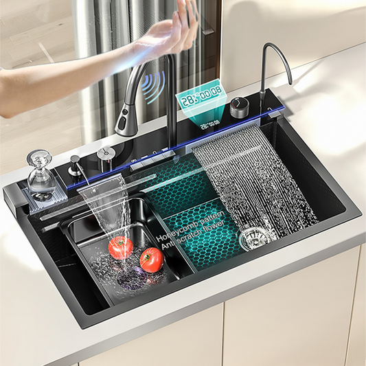 Smart Kitchen Sink & Smart Touch On Kitchen Faucet, waterfall multifunction, Anti-Scratch 304 Stainless Steel, 3 in 1 Accessories, 3 Modes Pull Down Sprayer, Smart Touch Sensor Activated, Auto ON/Off. (KSF-310)