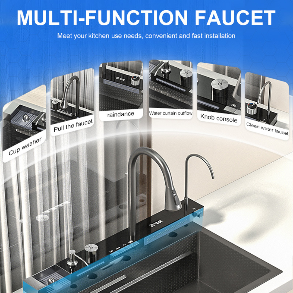 Smart Kitchen Sink & Smart Touch On Kitchen Faucet, waterfall multifunction, Anti-Scratch 304 Stainless Steel, 3 in 1 Accessories, 3 Modes Pull Down Sprayer, Smart Touch Sensor Activated, Auto ON/Off. (KSF-300)