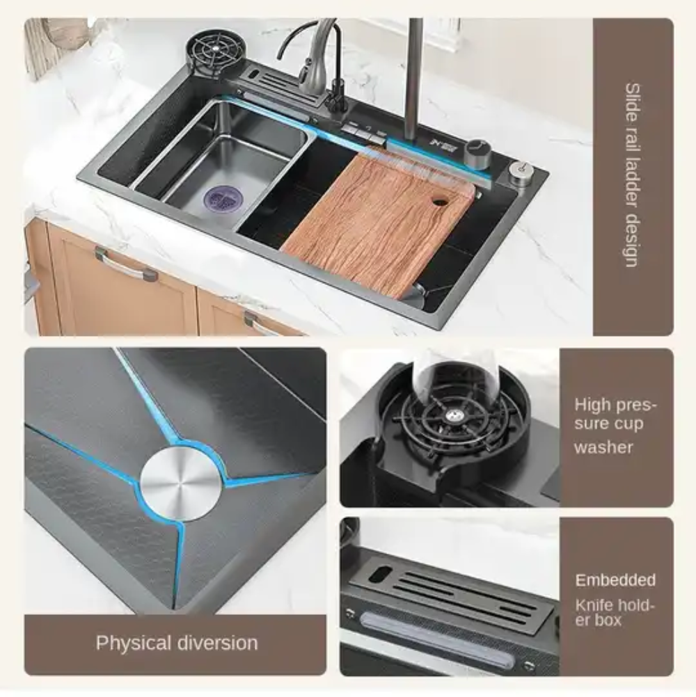 Smart Kitchen Sink & Smart Touch On Kitchen Faucet, waterfall multifunction, Anti-Scratch 304 Stainless Steel, 3 in 1 Accessories, 3 Modes Pull Down Sprayer, Smart Touch Sensor Activated, Auto ON/Off. (KSF-300)