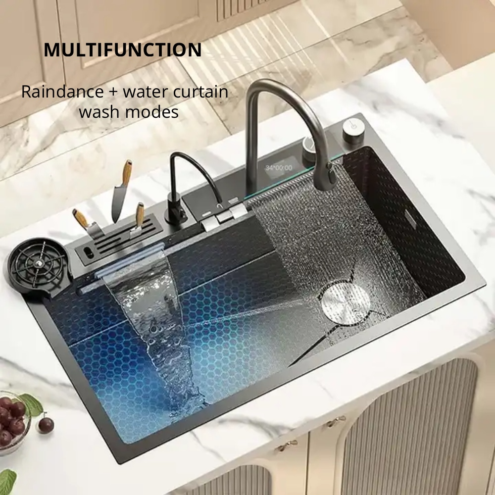 Smart Kitchen Sink & Smart Touch On Kitchen Faucet, waterfall multifunction, Anti-Scratch 304 Stainless Steel, 3 in 1 Accessories, 3 Modes Pull Down Sprayer, Smart Touch Sensor Activated, Auto ON/Off. (KSF-300)