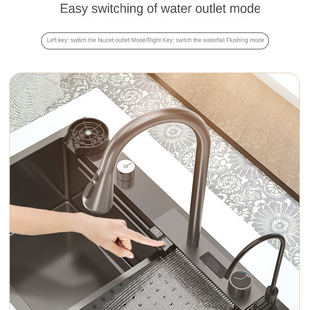 Smart Kitchen Sink & Smart Touch On Kitchen Faucet, waterfall multifunction, Anti-Scratch 304 Stainless Steel, 3 in 1 Accessories, 3 Modes Pull Down Sprayer, Smart Touch Sensor Activated, Auto ON/Off. (KSF-200)