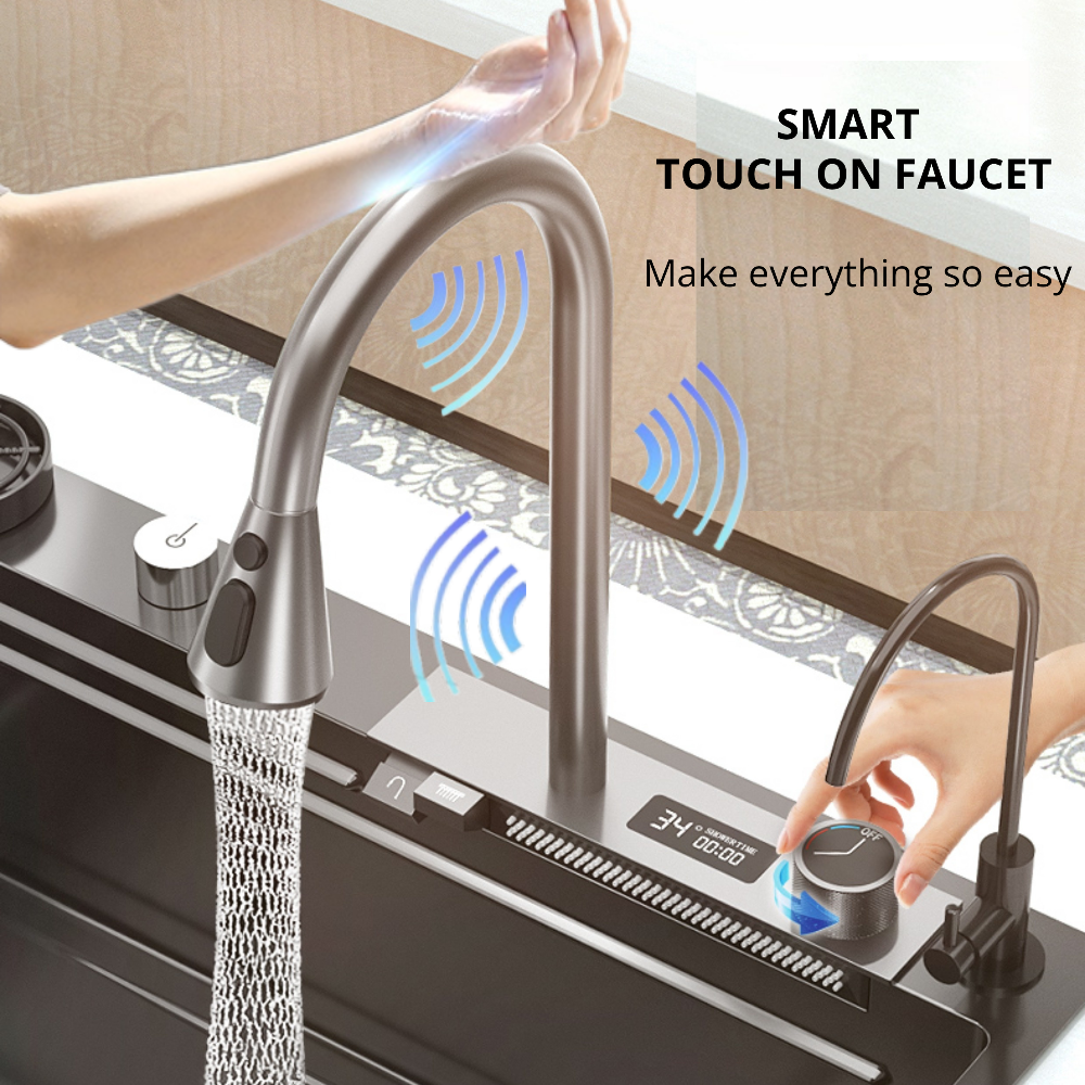 Smart Kitchen Sink & Smart Touch On Kitchen Faucet, waterfall multifunction, Anti-Scratch 304 Stainless Steel, 3 in 1 Accessories, 3 Modes Pull Down Sprayer, Smart Touch Sensor Activated, Auto ON/Off. (KSF-300)