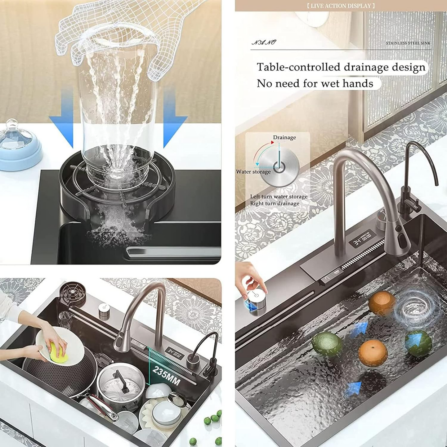 Smart Kitchen Sink & Smart Touch On Kitchen Faucet, waterfall multifunction, Anti-Scratch 304 Stainless Steel, 3 in 1 Accessories, 3 Modes Pull Down Sprayer, Smart Touch Sensor Activated, Auto ON/Off. (KSF-200)