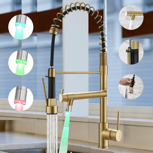 VIDEC KW-21CG Smart Kitchen Faucet, 3 Modes Pull Down Sprayer, Smart LED for Water Temperature Control, Ceramic Valve, 360-Degree Rotation, 1 or 3 Hole Deck Plate. ( Champagne Gold).