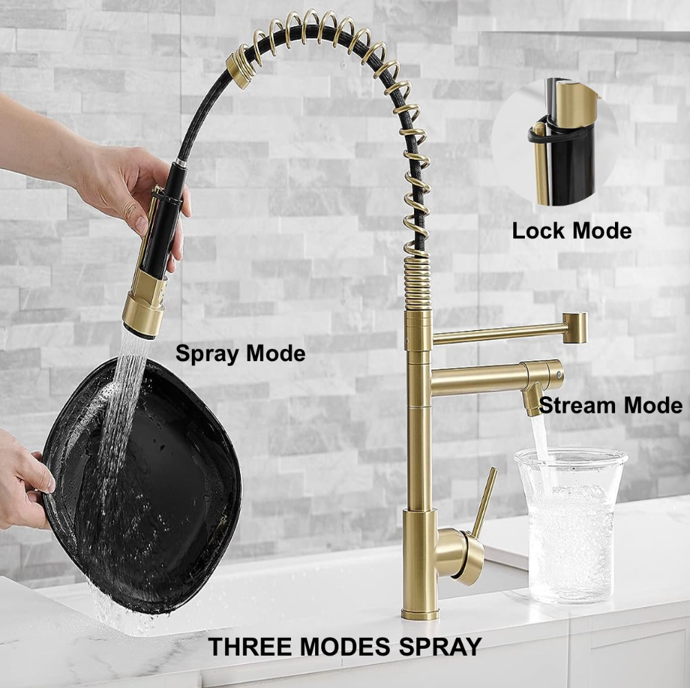 VIDEC KW-21CG Smart Kitchen Faucet, 3 Modes Pull Down Sprayer, Smart LED for Water Temperature Control, Ceramic Valve, 360-Degree Rotation, 1 or 3 Hole Deck Plate. ( Champagne Gold).