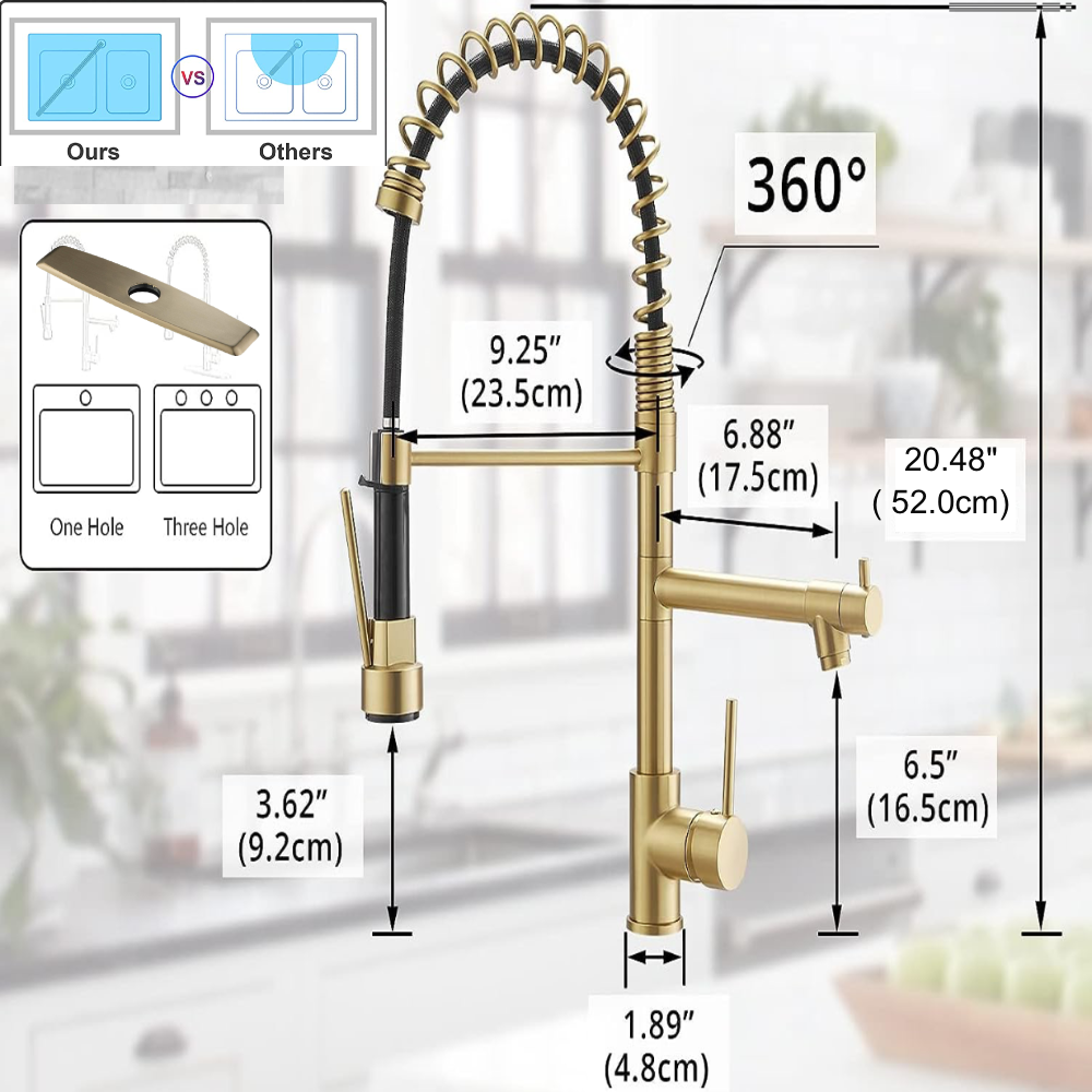 VIDEC KW-21CG Smart Kitchen Faucet, 3 Modes Pull Down Sprayer, Smart LED for Water Temperature Control, Ceramic Valve, 360-Degree Rotation, 1 or 3 Hole Deck Plate. ( Champagne Gold).