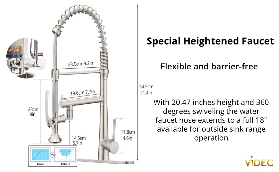 VIDEC KW-05SN Smart Kitchen Faucet, 3 Modes Pull Down Sprayer, LED Temperature Control, Ceramic Valve, 360-Degree Rotation, 1 or 3 Hole Deck Plate.