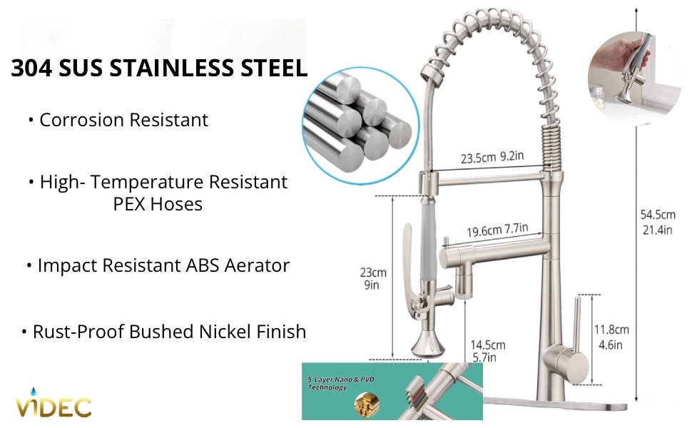 VIDEC KW-05SN Smart Kitchen Faucet, 3 Modes Pull Down Sprayer, LED Temperature Control, Ceramic Valve, 360-Degree Rotation, 1 or 3 Hole Deck Plate.