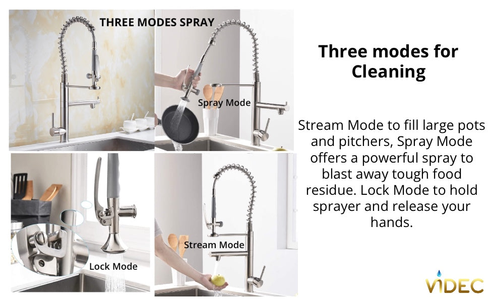 VIDEC KW-05SN Smart Kitchen Faucet, 3 Modes Pull Down Sprayer, LED Temperature Control, Ceramic Valve, 360-Degree Rotation, 1 or 3 Hole Deck Plate.