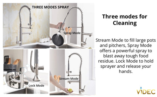 VIDEC KW-05SN Smart Kitchen Faucet, 3 Modes Pull Down Sprayer, LED Temperature Control, Ceramic Valve, 360-Degree Rotation, 1 or 3 Hole Deck Plate.