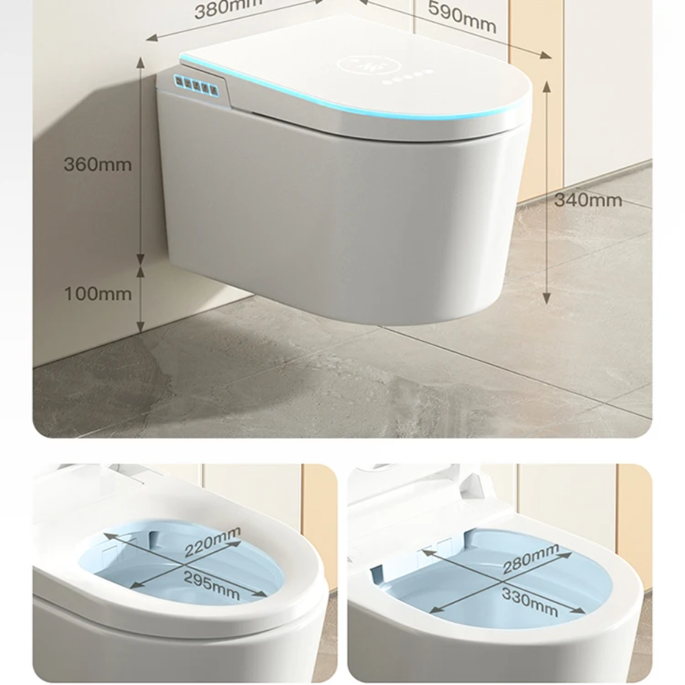 VIDEC TD-130W Wall Mounted Smart Toilet, Auto Open/Close Lid & Seat with Radar and Foot Sensor, Auto Flushing, Unlimited & Filtered Warm Water, 6 Modes Spa Wash, Warm Air Dryer, Heated Seat, Remote Control.