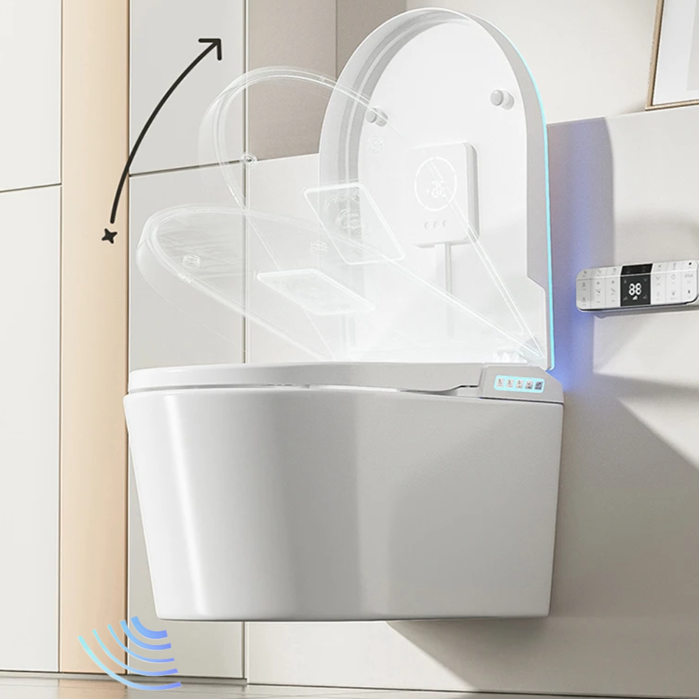 VIDEC TD-130W Wall Mounted Smart Toilet, Auto Open/Close Lid & Seat with Radar and Foot Sensor, Auto Flushing, Unlimited & Filtered Warm Water, 6 Modes Spa Wash, Warm Air Dryer, Heated Seat, Remote Control.