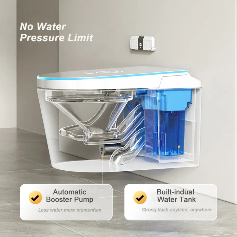 VIDEC TD-130W Wall Mounted Smart Toilet, Auto Open/Close Lid & Seat with Radar and Foot Sensor, Auto Flushing, Unlimited & Filtered Warm Water, 6 Modes Spa Wash, Warm Air Dryer, Heated Seat, Remote Control.