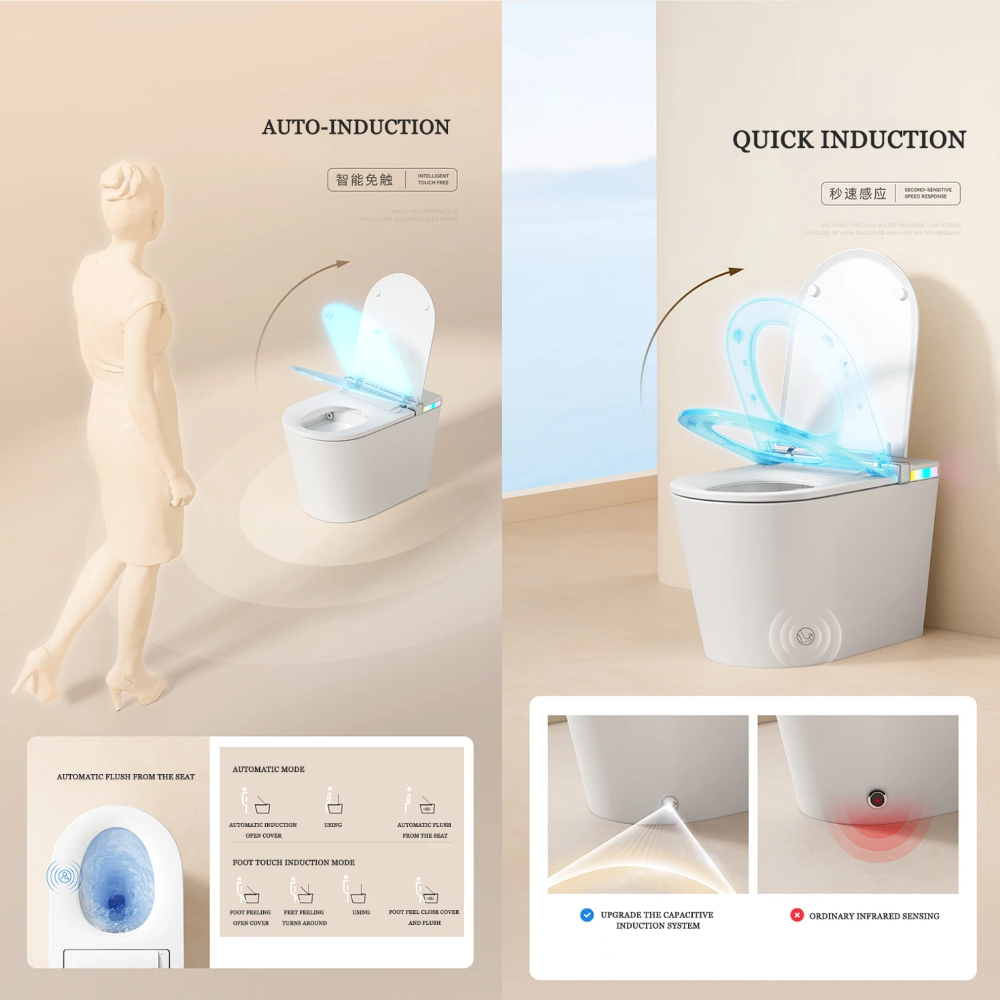 VIDEC TD-89E Electronic Bidet Smart Toilet, Auto Open/Close Lid & Seat with Radar and Foot Sensor, Auto Flushing, Unlimited & Filtered Warm Water, 6 Modes Spa Wash, Warm Air Dryer, Deodorizer, Heated Seat, Night Light/LED, AI / Remote Control..