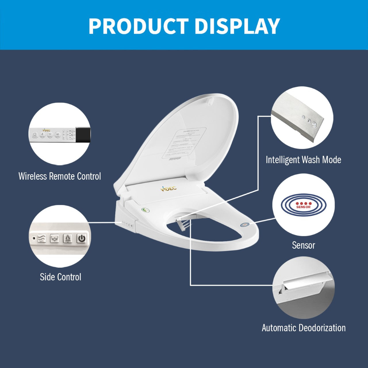 VIDEC TY-22E Electronic  Bidet Smart Toilet Seat,  Filtered & Unlimited Warm Water, 8 Modes SPA Wash, Deodorizer, Warm Purified Air Dryer,   3 IN 1 STAINLESS STEEL NOZZLE .