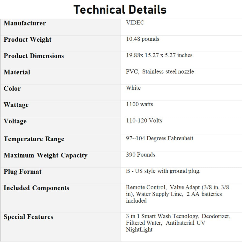 VIDEC TY-22E Electronic  Bidet Smart Toilet Seat,  Filtered & Unlimited Warm Water, 8 Modes SPA Wash, Deodorizer, Warm Purified Air Dryer,   3 IN 1 STAINLESS STEEL NOZZLE .