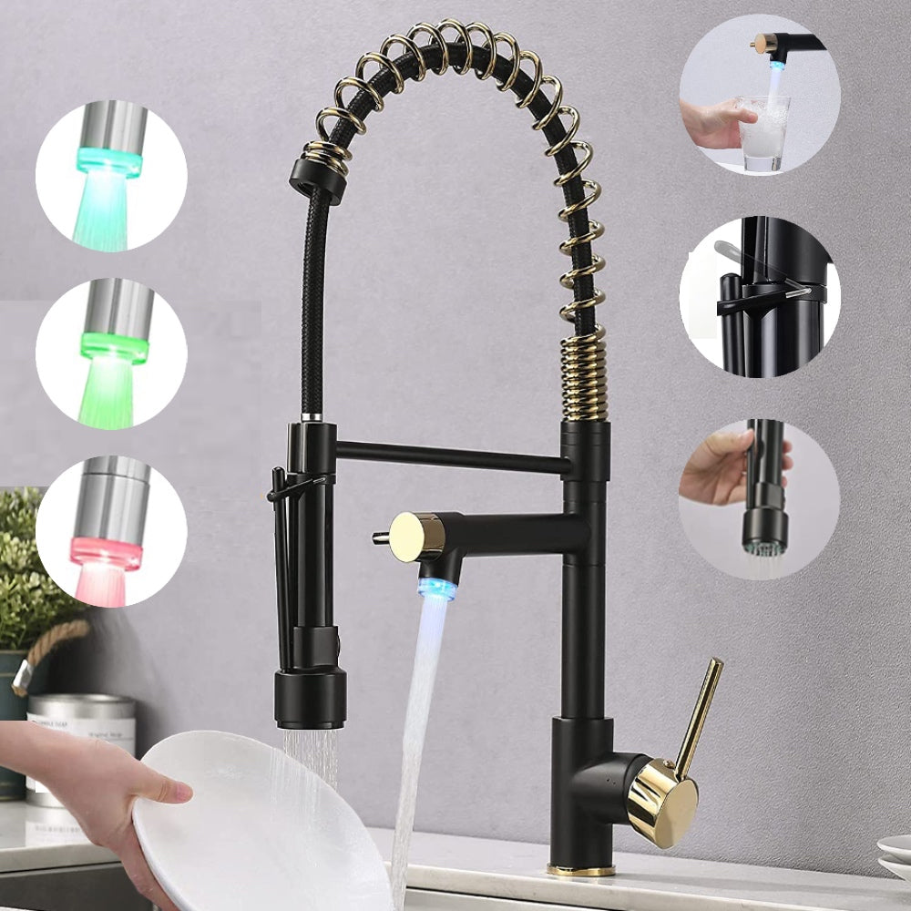 VIDEC KW-21RK  Smart Kitchen Faucet, 3 Modes Pull Down Sprayer, LED Temperature Control, Ceramic Valve, 360-Degree Rotation, 1 or 3 Hole Deck Plate.