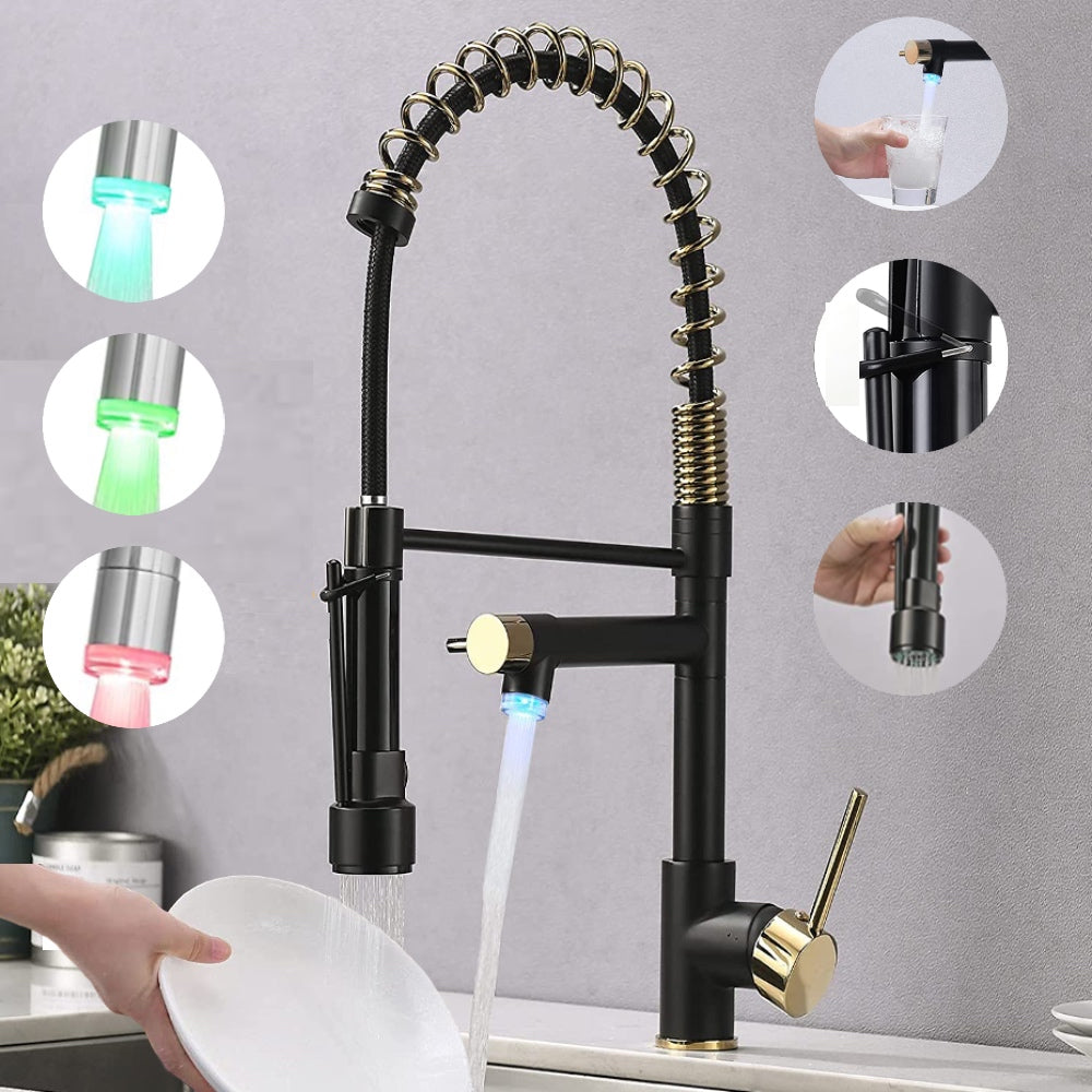 VIDEC KW-21RK Smart Kitchen Faucet, 3 Modes Pull Down Sprayer, LED Temperature Control, Ceramic Valve, 360-Degree Rotation, 1 or 3 Hole Deck Plate.