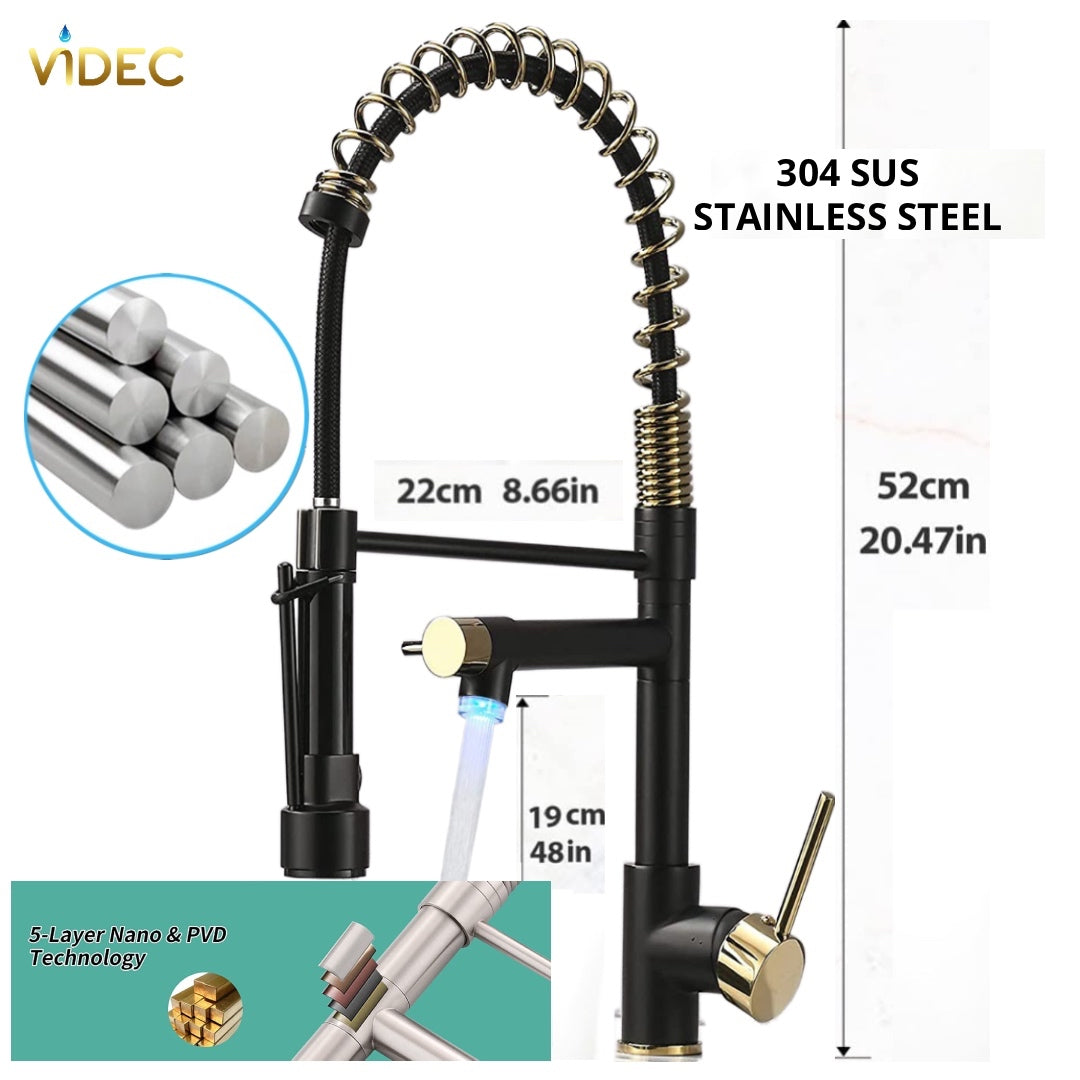 VIDEC KW-21RK Smart Kitchen Faucet, 3 Modes Pull Down Sprayer, LED Temperature Control, Ceramic Valve, 360-Degree Rotation, 1 or 3 Hole Deck Plate.