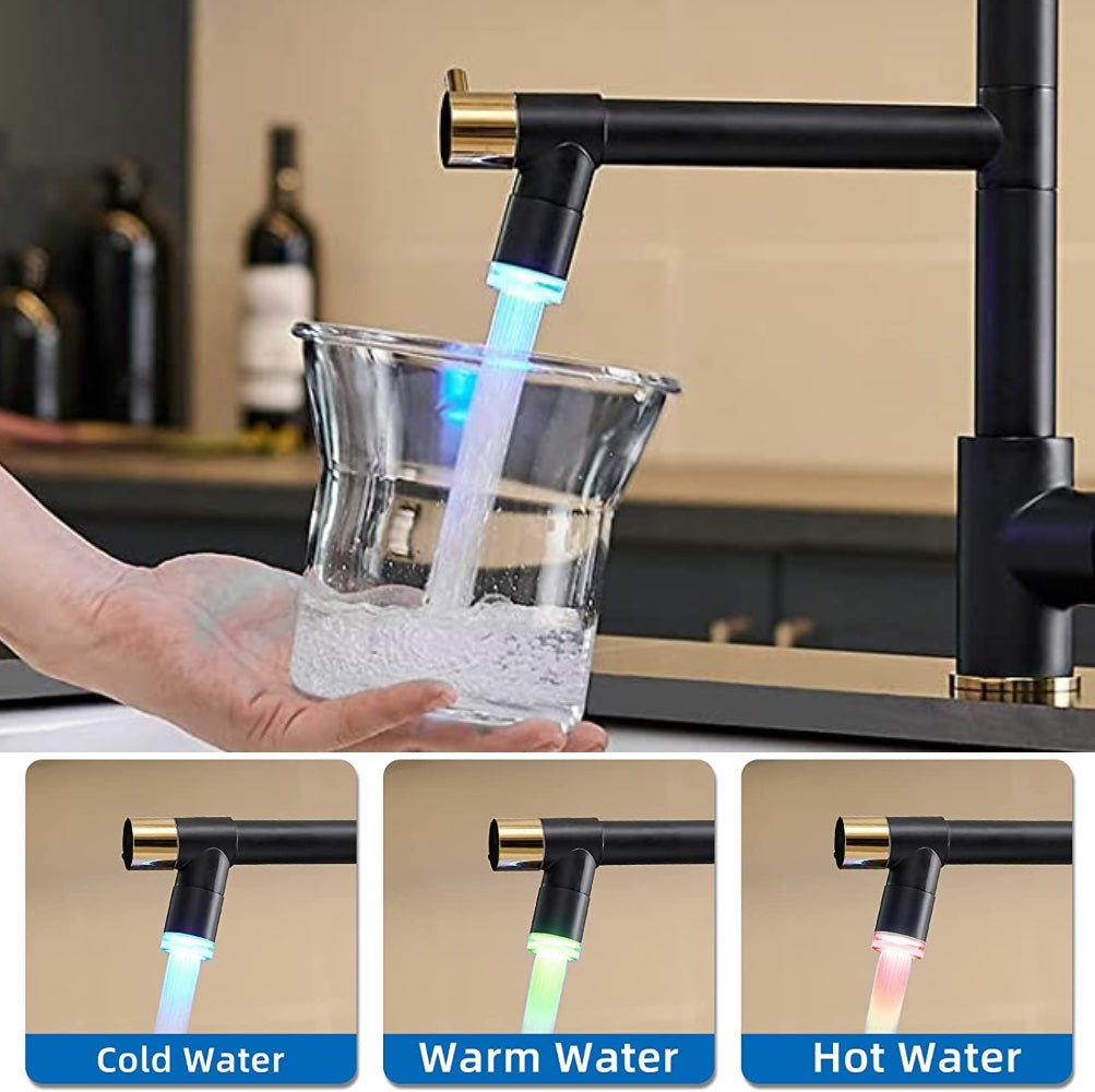 VIDEC KW-21RK Smart Kitchen Faucet, 3 Modes Pull Down Sprayer, LED Temperature Control, Ceramic Valve, 360-Degree Rotation, 1 or 3 Hole Deck Plate.