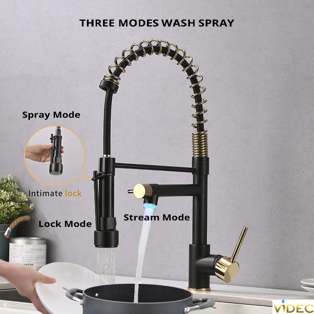 VIDEC KW-21RK Smart Kitchen Faucet, 3 Modes Pull Down Sprayer, LED Temperature Control, Ceramic Valve, 360-Degree Rotation, 1 or 3 Hole Deck Plate.
