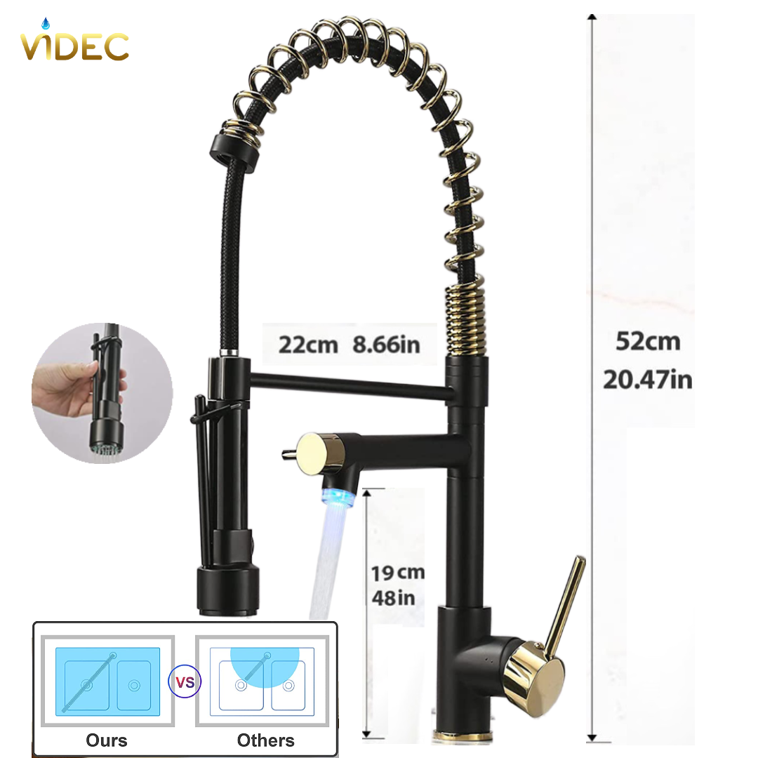 VIDEC KW-21RK Smart Kitchen Faucet, 3 Modes Pull Down Sprayer, LED Temperature Control, Ceramic Valve, 360-Degree Rotation, 1 or 3 Hole Deck Plate.