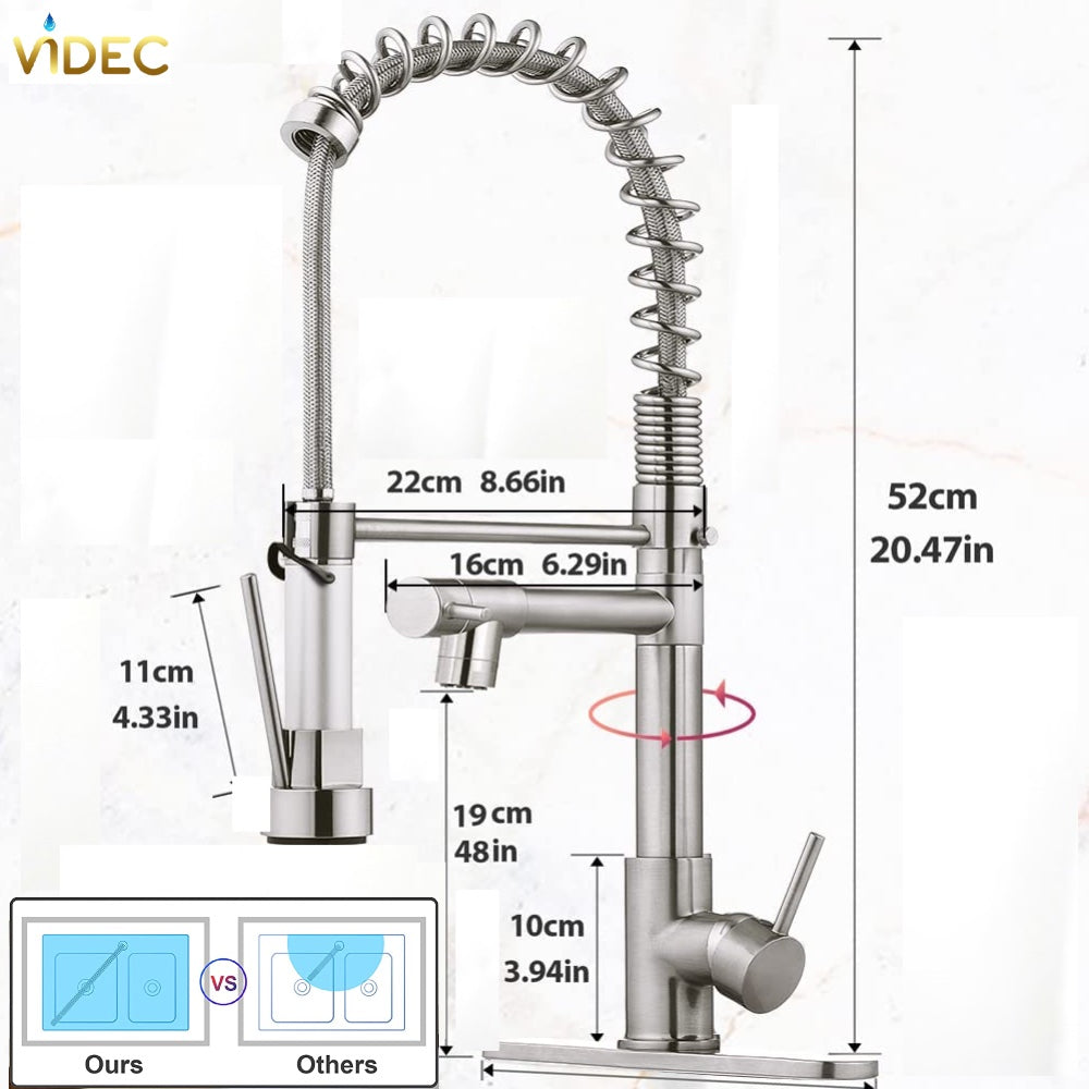 VIDEC KW-21SN Smart Kitchen Faucet, 3 Modes Pull Down Sprayer, LED Temperature Control, Ceramic Valve, 360-Degree Rotation, 1 or 3 Hole Deck Plate.