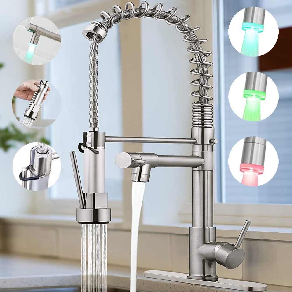 VIDEC KW-21SN Smart Kitchen Faucet, 3 Modes Pull Down Sprayer, LED Temperature Control, Ceramic Valve, 360-Degree Rotation, 1 or 3 Hole Deck Plate.