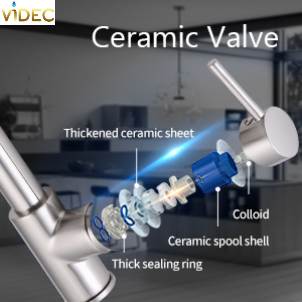 VIDEC KW-21SN Smart Kitchen Faucet, 3 Modes Pull Down Sprayer, LED Temperature Control, Ceramic Valve, 360-Degree Rotation, 1 or 3 Hole Deck Plate.