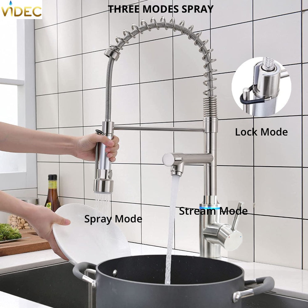 VIDEC KW-21SN Smart Kitchen Faucet, 3 Modes Pull Down Sprayer, LED Temperature Control, Ceramic Valve, 360-Degree Rotation, 1 or 3 Hole Deck Plate.