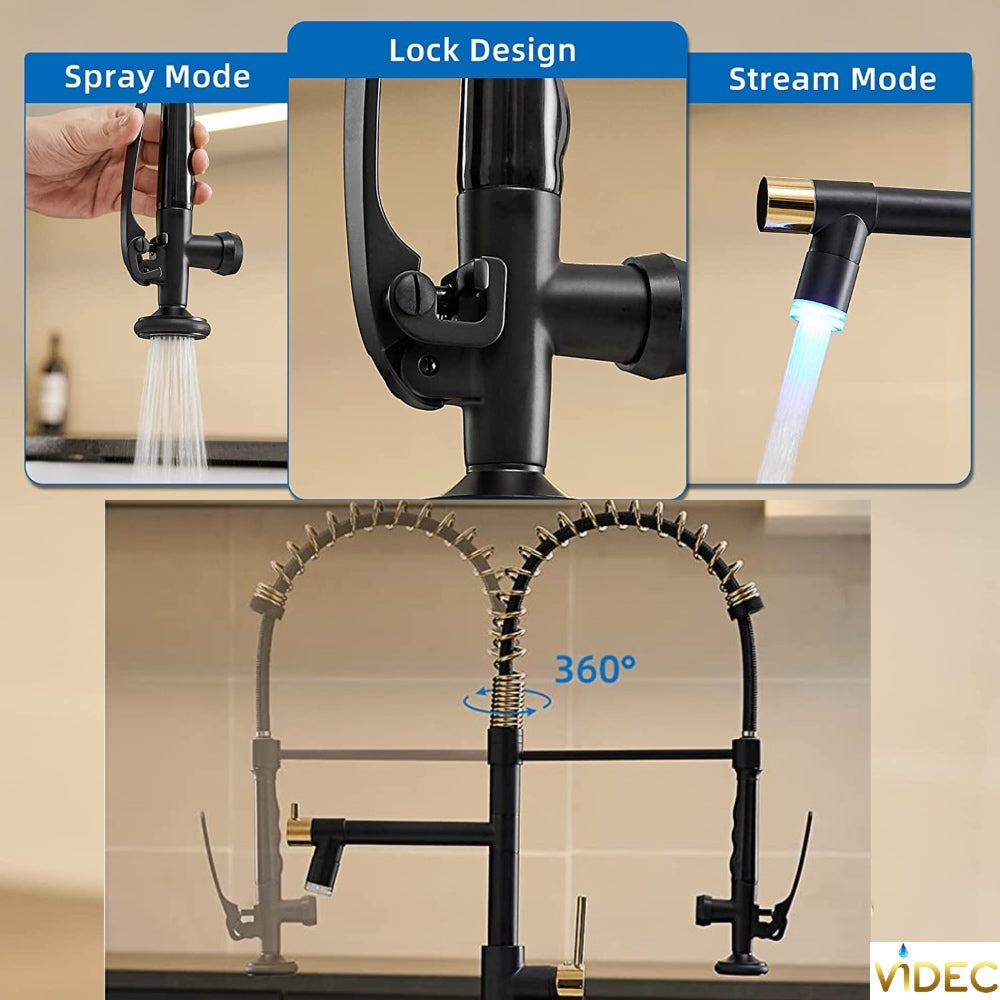 VIDEC KW-05RK Smart Kitchen Faucet, 3 Modes Pull Down Sprayer, LED Temperature Control, Ceramic Valve, 360-Degree Rotation, 1 or 3 Hole Deck Plate.