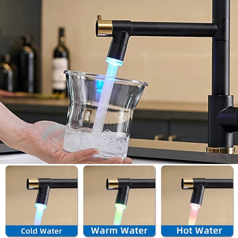 VIDEC KW-29RK Smart Kitchen Faucet, 3 Modes Pull Down Sprayer, LED Temperature Control, Ceramic Valve, 360-Degree Rotation, 1 or 3 Hole Deck Plate.