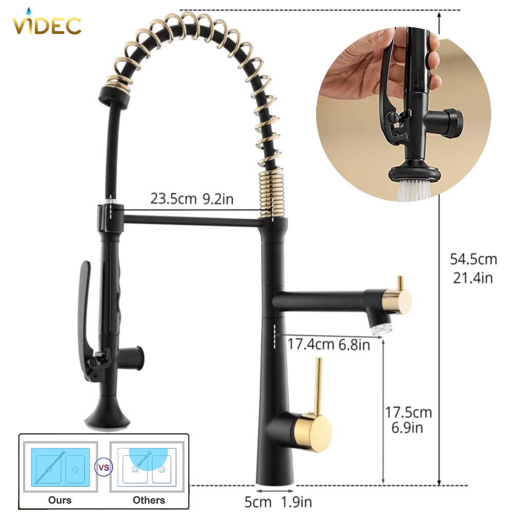 VIDEC KW-05RK Smart Kitchen Faucet, 3 Modes Pull Down Sprayer, LED Temperature Control, Ceramic Valve, 360-Degree Rotation, 1 or 3 Hole Deck Plate.