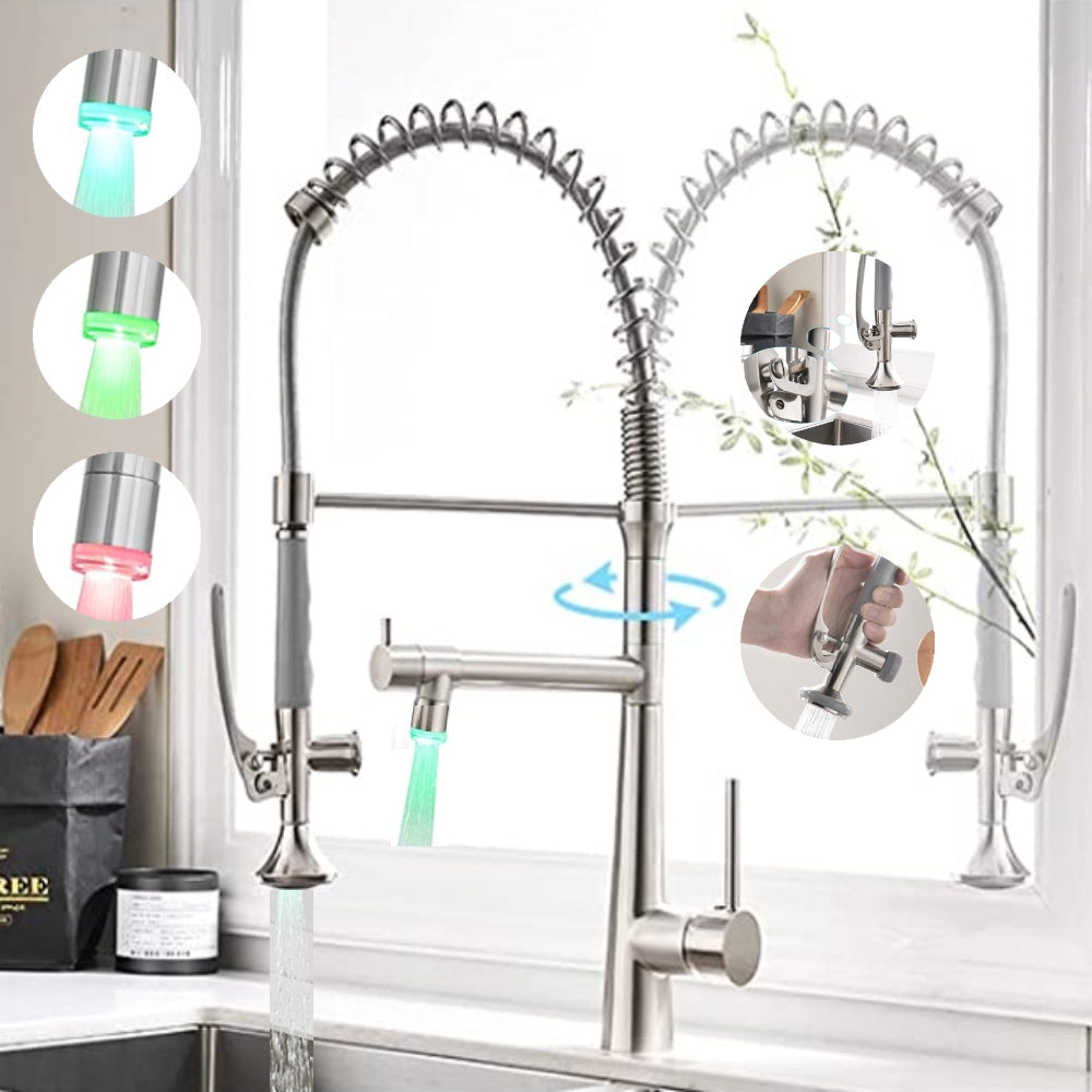 VIDEC KW-05SN Smart Kitchen Faucet, 3 Modes Pull Down Sprayer, LED Temperature Control, Ceramic Valve, 360-Degree Rotation, 1 or 3 Hole Deck Plate.