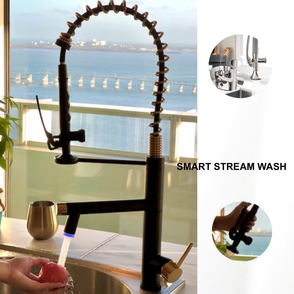 VIDEC KW-29RK Smart Kitchen Faucet, 3 Modes Pull Down Sprayer, LED Temperature Control, Ceramic Valve, 360-Degree Rotation, 1 or 3 Hole Deck Plate.