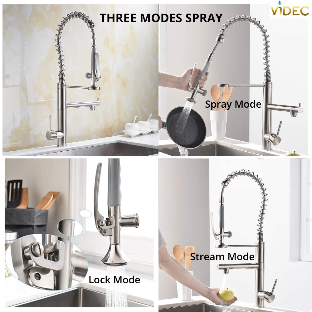 VIDEC KW-29SN Smart Kitchen Faucet, 3 Modes Pull Down Sprayer, LED Temperature Control, Ceramic Valve, 360-Degree Rotation, 1 or 3 Hole Deck Plate.