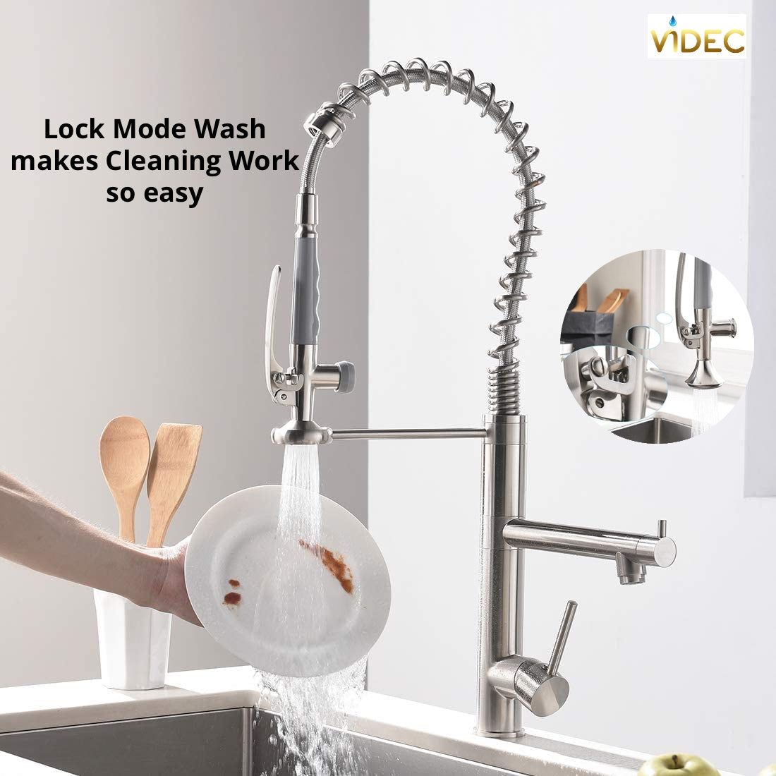 VIDEC KW-29SN Smart Kitchen Faucet, 3 Modes Pull Down Sprayer, LED Temperature Control, Ceramic Valve, 360-Degree Rotation, 1 or 3 Hole Deck Plate.