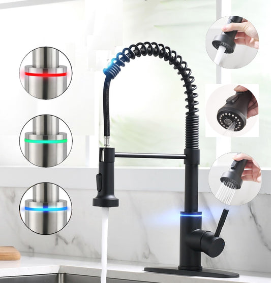 VIDEC KW-56R Smart Kitchen Faucet, 3 Modes Pull Down Sprayer, Smart LED For Water Temperature Control, Ceramic Valve, 360-Degree Rotation, 1 or 3 Hole Deck Plate.