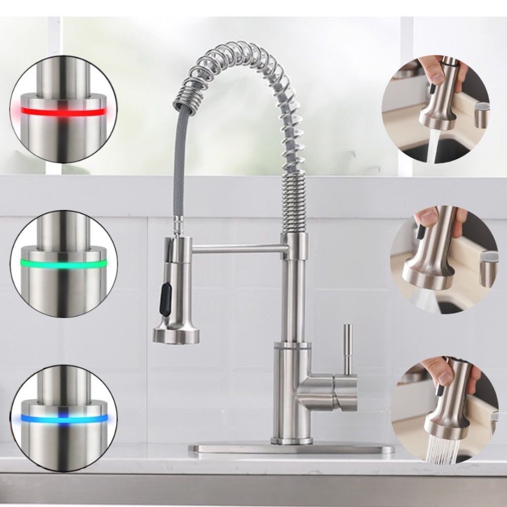 VIDEC KW-56SN Smart Kitchen Faucet, 3 Modes Pull Down Sprayer, Smart LED For Water Temperature Control, Ceramic Valve, 360-Degree Rotation, 1 or 3 Hole Deck Plate.