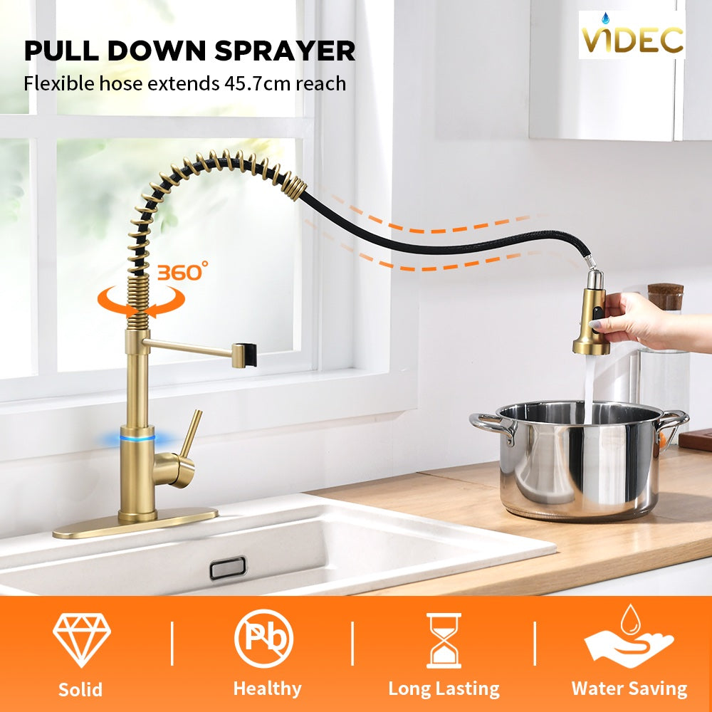 VIDEC KW-66J  Smart Touch On Kitchen Faucet, 3 Modes Pull Down Sprayer, Smart Touch Sensor Activated, LED Temperature Control, Auto ON/Off, Ceramic Valve, 360-Degree Rotation, 1 or 3 Hole Deck Plate.