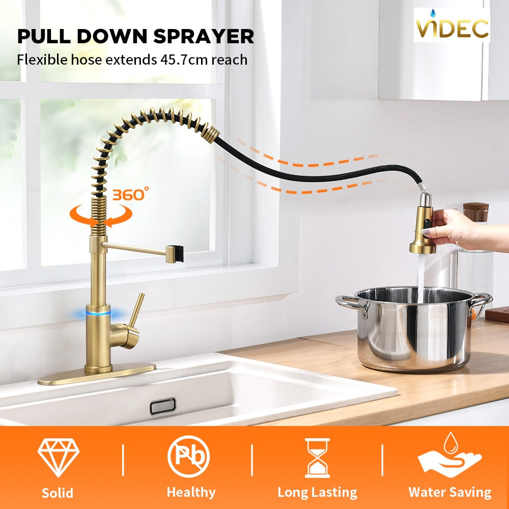 VIDEC KW-56J Smart Kitchen Faucet, 3 Modes Pull Down Sprayer, Smart LED For Water Temperature Control, Ceramic Valve, 360-Degree Rotation, 1 or 3 Hole Deck Plate.