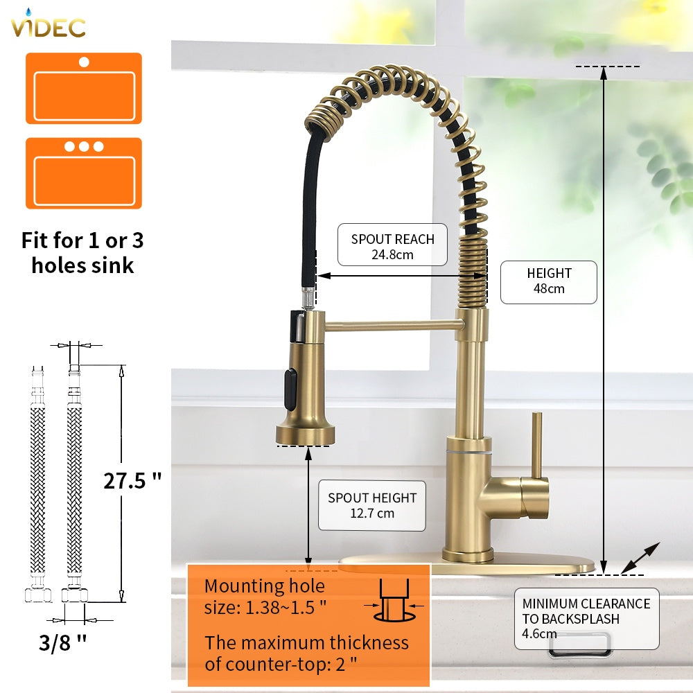 VIDEC KW-56J Smart Kitchen Faucet, 3 Modes Pull Down Sprayer, Smart LED For Water Temperature Control, Ceramic Valve, 360-Degree Rotation, 1 or 3 Hole Deck Plate.