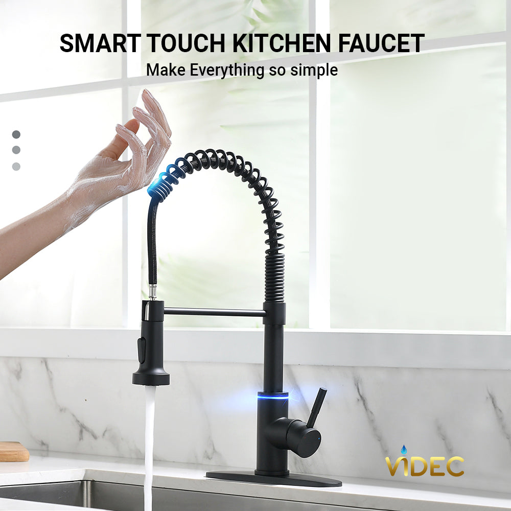 VIDEC KW-66R Smart Touch On Kitchen Faucet, 3 Modes Pull Down Sprayer, Smart Touch Sensor Activated, LED Temperature Control, Hands-Free Auto ON/Off, Ceramic Valve, 360-Degree Rotation, 1 or 3 Hole Deck Plate.