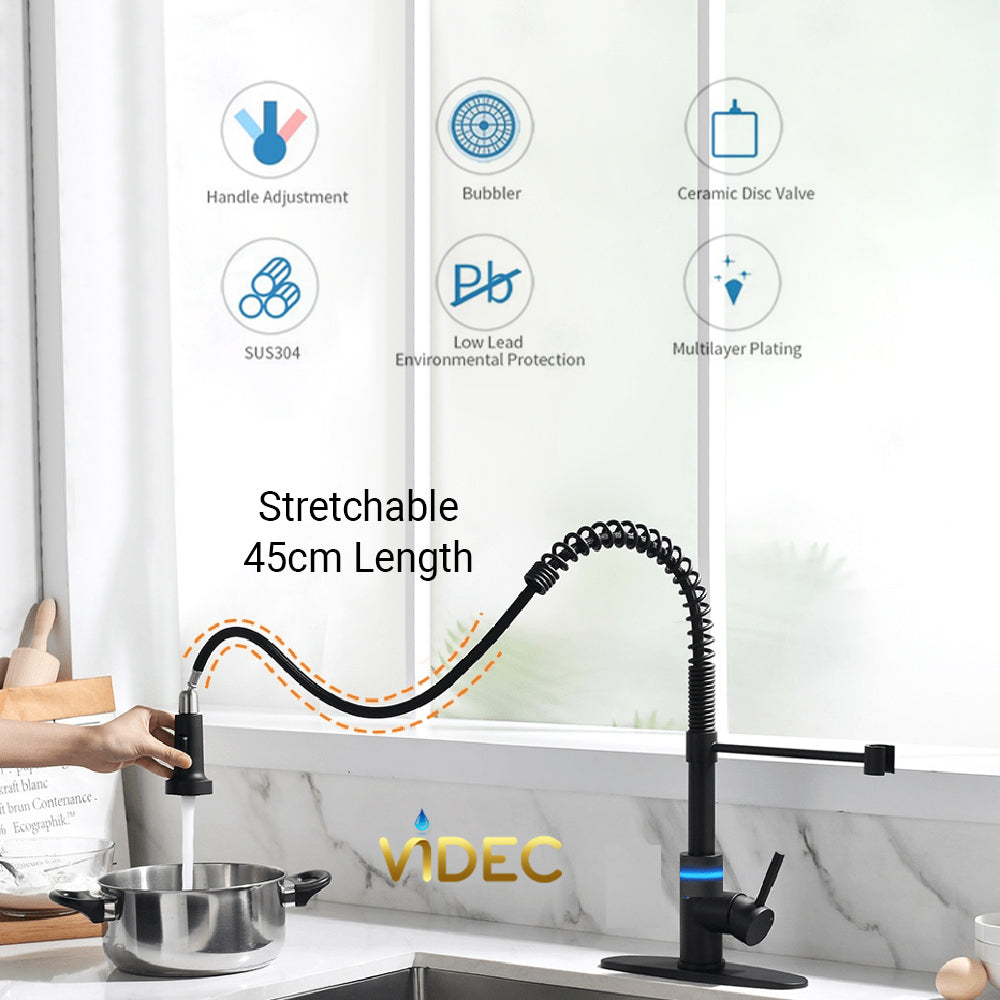 VIDEC KW-66R Smart Touch On Kitchen Faucet, 3 Modes Pull Down Sprayer, Smart Touch Sensor Activated, LED Temperature Control, Hands-Free Auto ON/Off, Ceramic Valve, 360-Degree Rotation, 1 or 3 Hole Deck Plate.