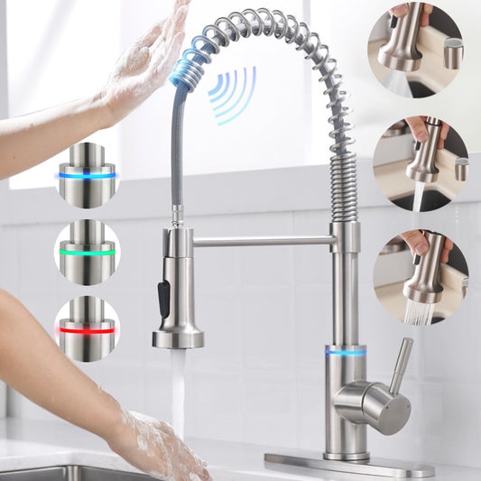 VIDEC KW-66SN Smart Touch On Kitchen Faucet, 3 Modes Pull Down Sprayer, Smart Touch Sensor Activated, LED Temperature Control, Auto ON/Off, Ceramic Valve, 360-Degree Rotation, 1 or 3 Hole Deck Plate.